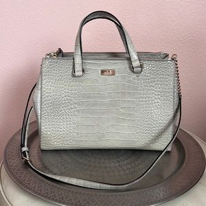 Kate Spade leather crocodile embossed satchel in soft gray. Very good condition.